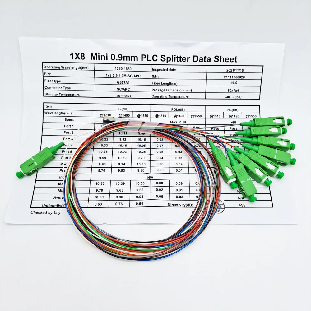 10pcs APC Splitter 1x8 FTTH Single Mode Fiber Optical PLC Splitter UPC 0.9mm G657A1 LSZH 1m PVC PLC Spliter 1:8 Fiber Color