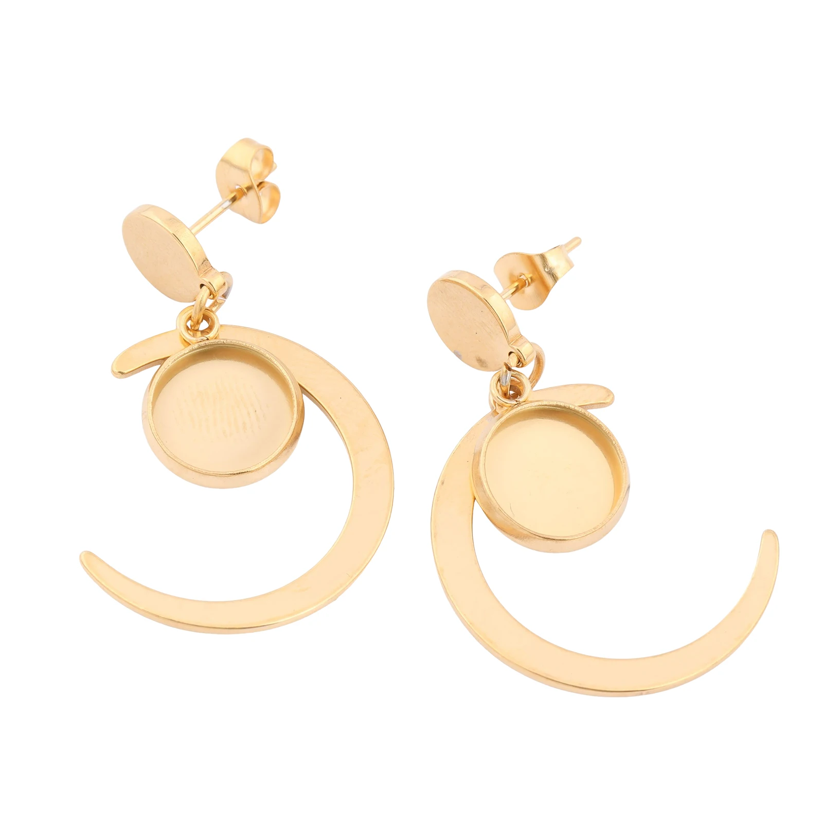 6pcs Gold Plated Stainless Steel Crescent Moon Earring Blanks With 10mm Round Cabochon Bezel Tray Stud Earring Findings For Diy
