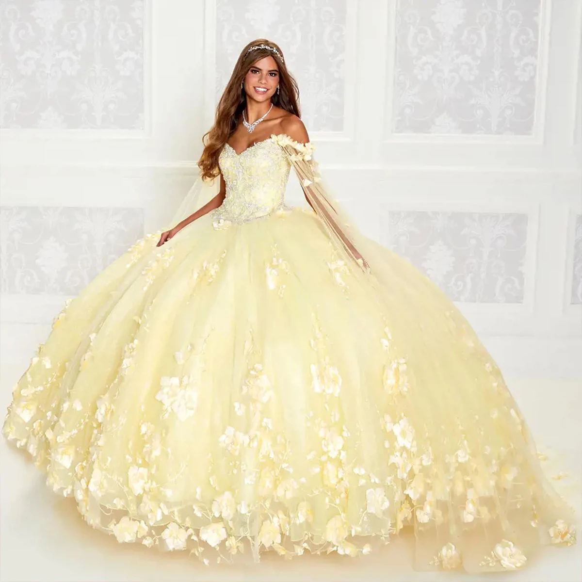 Vestido para quinceañeras de encaje con flores en 3D, capa desmontable con cuentas, cuello personalizado, vestidos de baile, cola de barrido, vestidos de 15 años