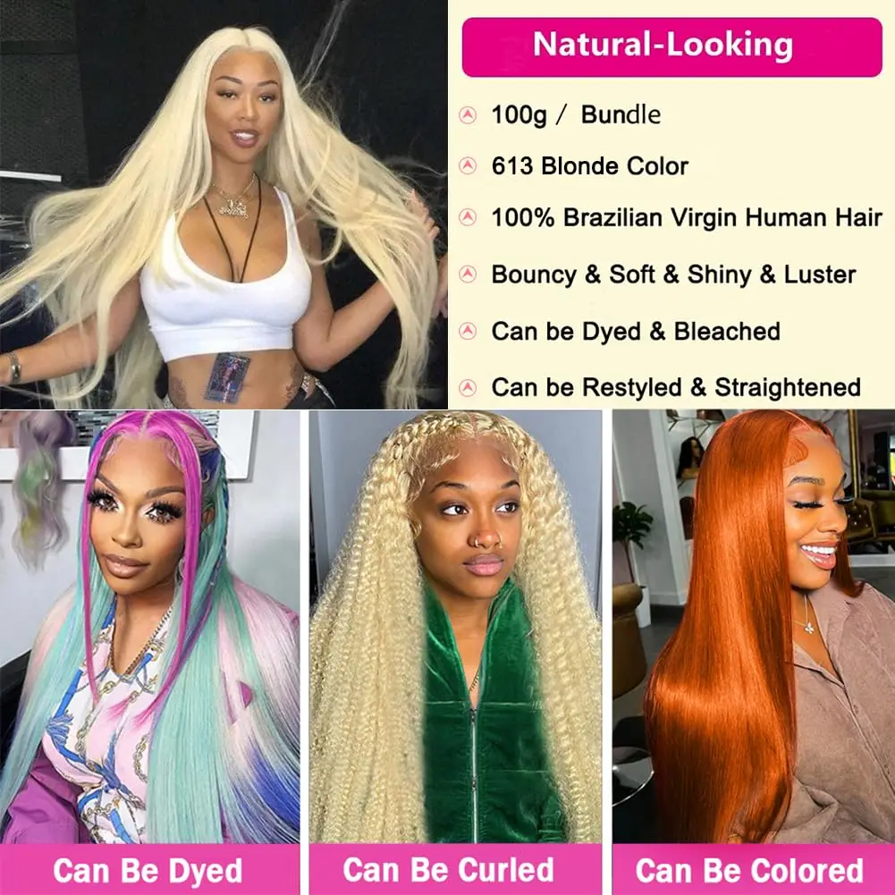 Bundles de cheveux humains raides blonds pour femmes, extensions de cheveux vierges, tissage de cheveux brésiliens, 3 faisceaux, 613