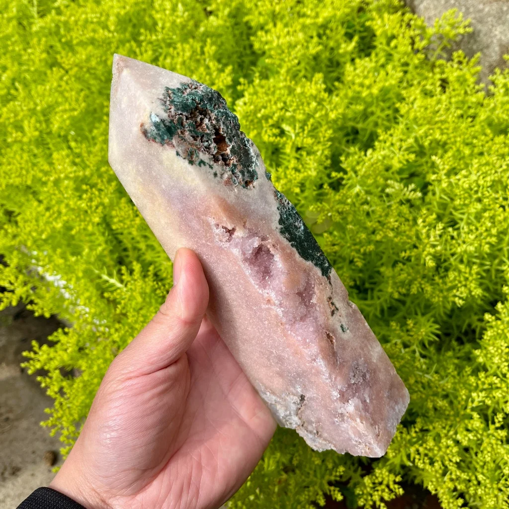 Natural Pink Amethyst Druzy Geode Tower Green Epidote Inclusion Crystal Point Healing Gift