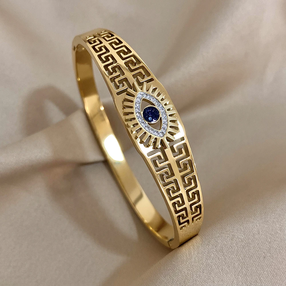 Vintage Evil Eye Bracelet Bangle For Women Stainless Steel Gold Plated Cuff Bracelet Brand Designer Tibetan Mati Greek Wristband