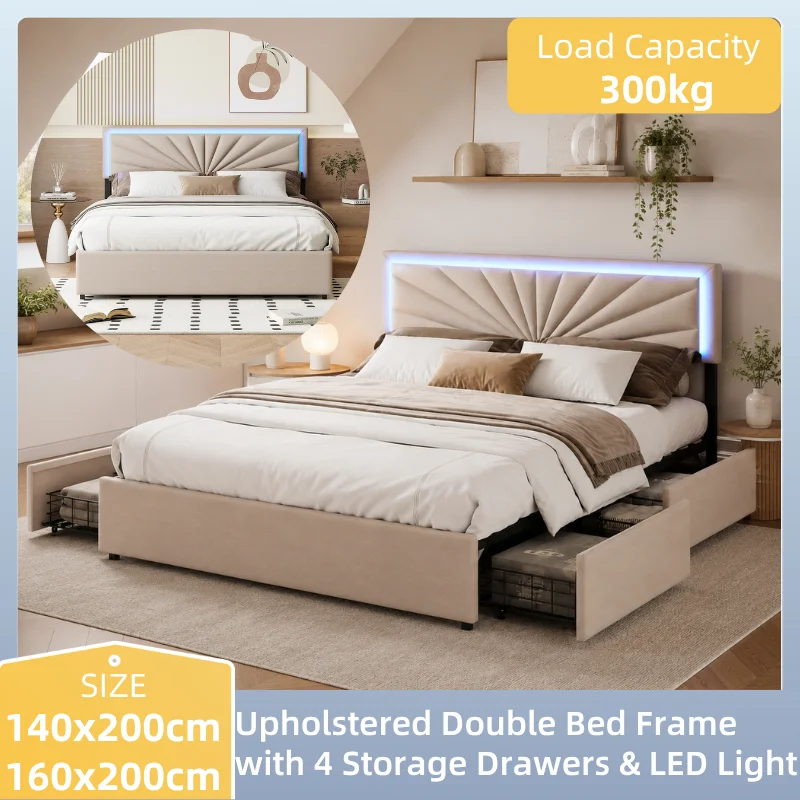 140/160x200 cm Cadre de Lit Double Capitonné avec 4 Tiroirs de Rangement, Éclairage LED Réglable, Tête de Lit en Lin, Sommier à Lattes en Bois, Sans Matelas