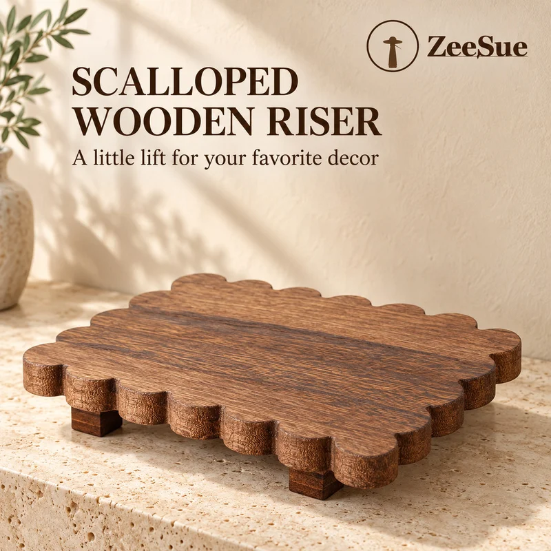 ZeeSue Wooden Riser with Scalloped Edges, Decorative Countertop Stand for Coffee Table, Vanity and Home Decor