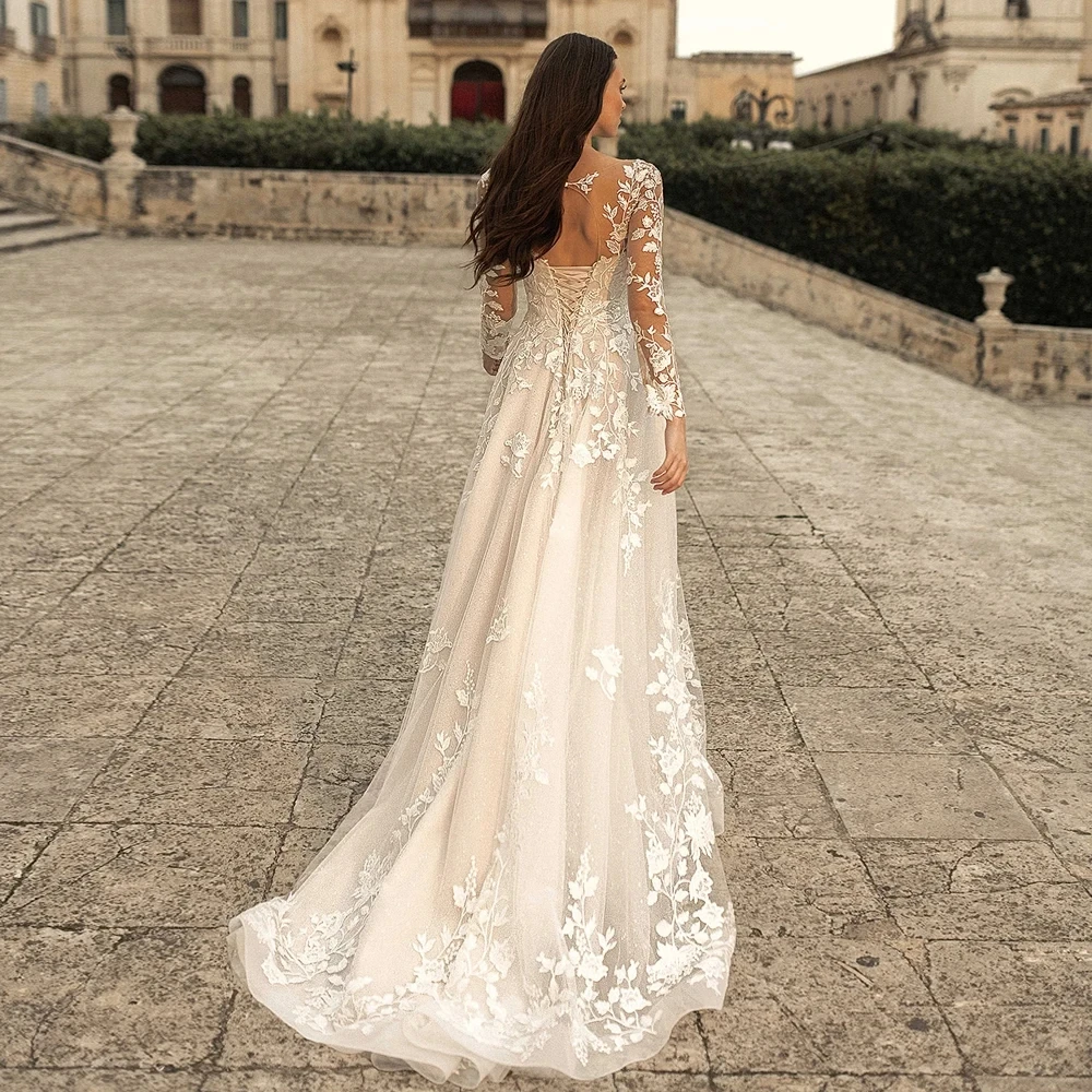 Msikoods Luxury Wedding Dress Princess Illusion Long Sleeves Lace Applique Vintage Bridal Dress 2025 Corset Bride Gown Customizd