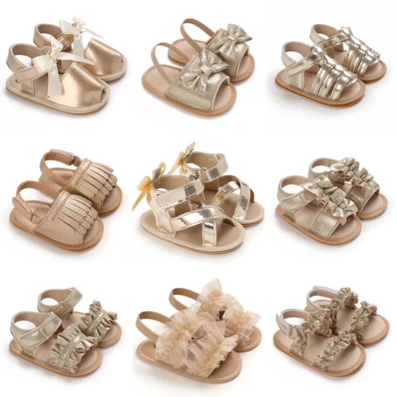 Sandales décontractées d'été avec thème doré, chaussures classiques et à la mode pour bébé fille, chaussures de marche confortables et antidérapantes pour bébé
