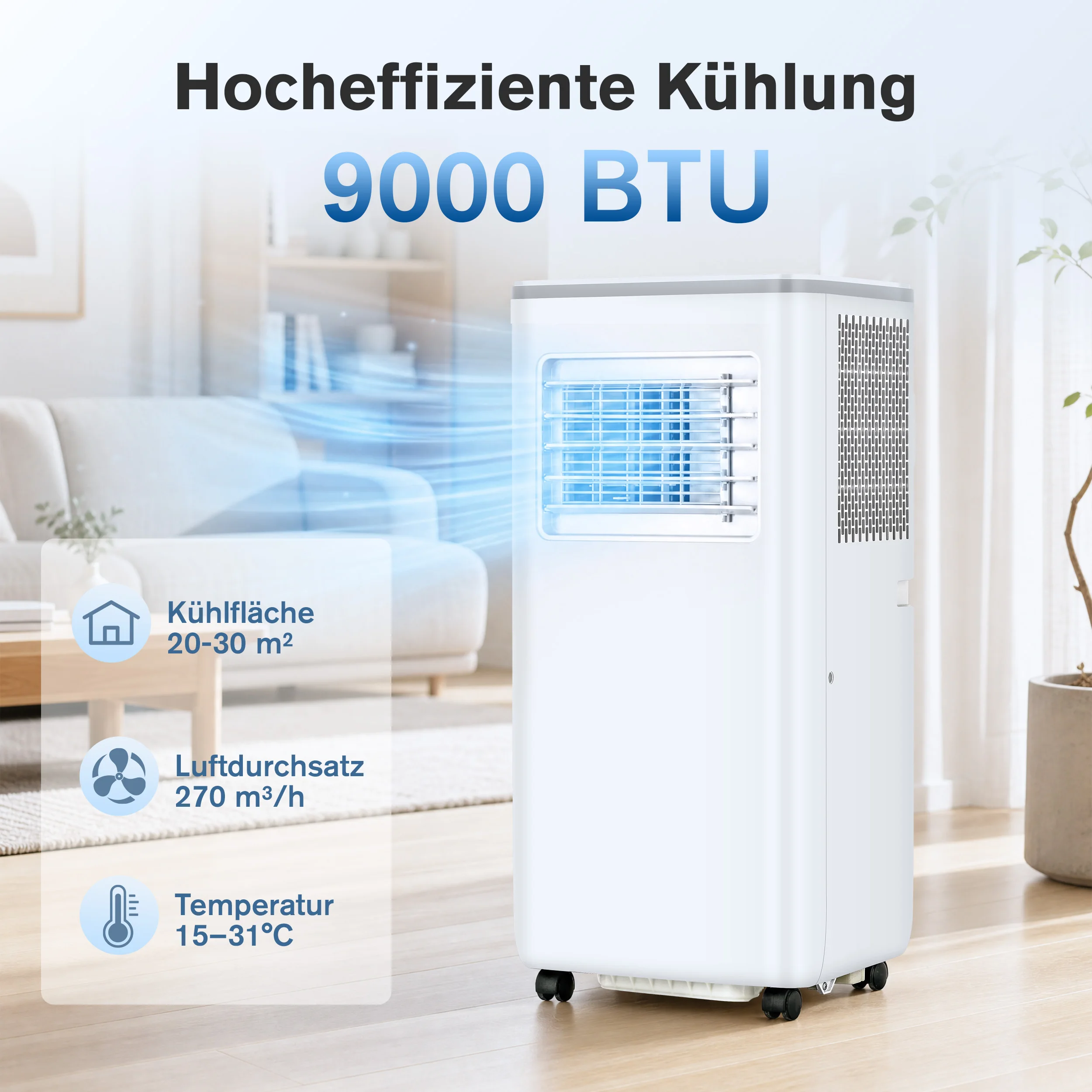 Tragbare 4-in-1-Klimaanlage 9000 BTU für Räume bis 20 m²