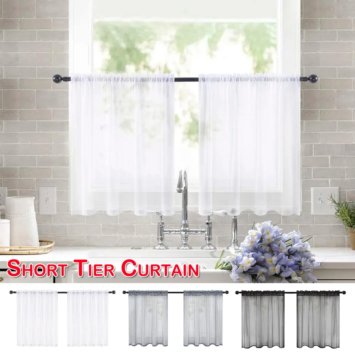 2PCS Solide Kurze Gardinen Gaze Tüll Küche Voile Fenster Panels Badezimmer Schlafzimmer Kleine Vorhänge
