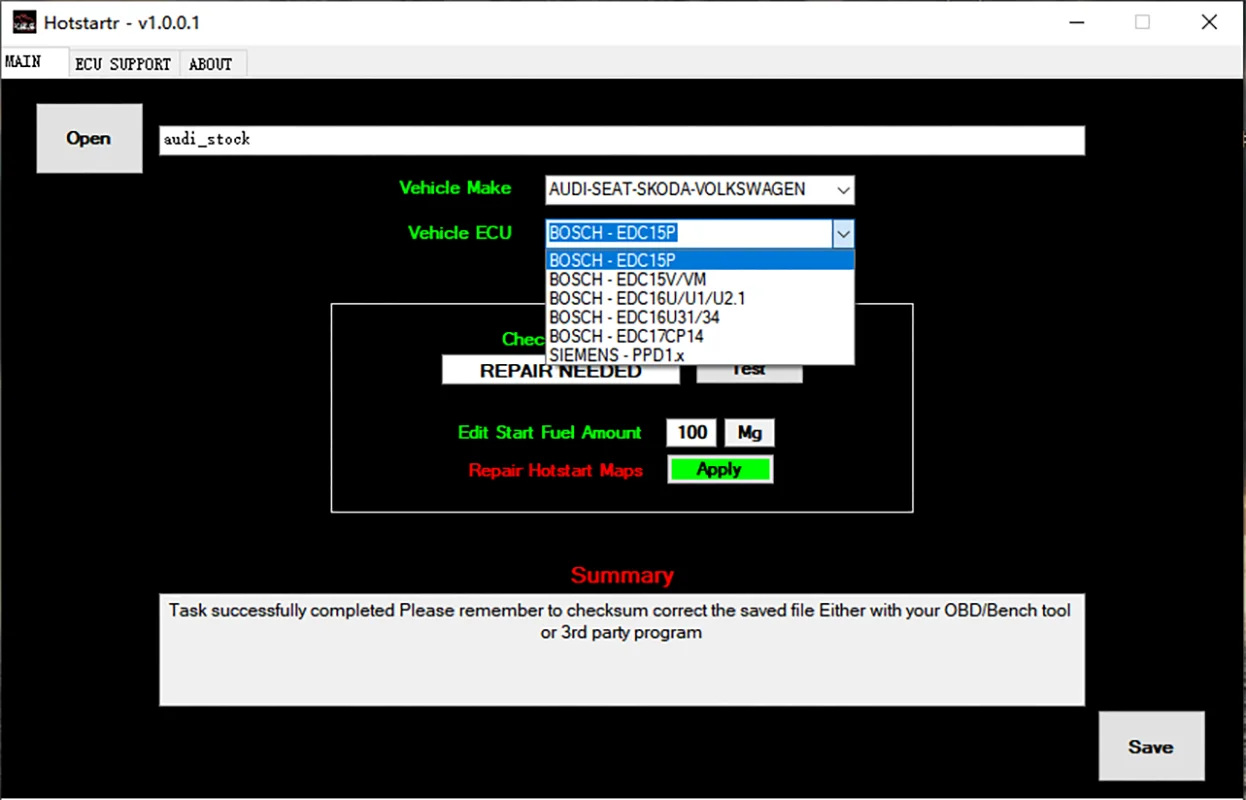 HotStartr Software Check For HotStart Problems Repaire HotStart Maps Edit Start Fuel Amount for VAG CAR EDC15P EDC17CP14 PPD1.x