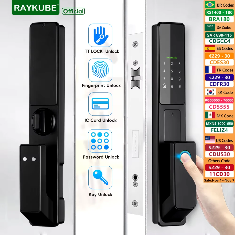 

RAYKUBE V1 TT Lock Full-auto Advanced Electronic Fingerprint Smart Door Lock With TT Lock APP/NFC/ICCard/Password/Key Unlock