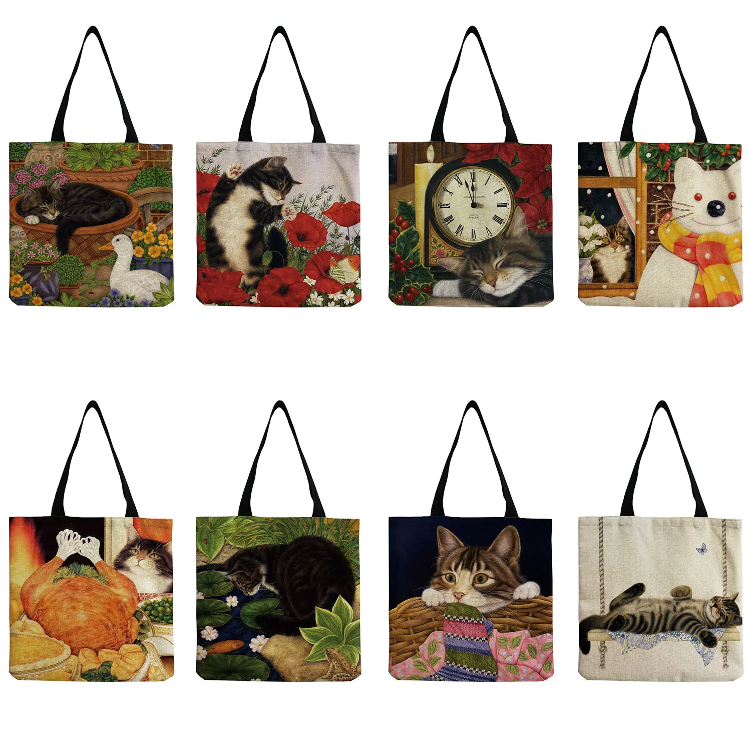 Cute Cat Print Eco Reusable Shoulder Bag Supermarket Shopping Ladies Shopper Bags New Female Trendy Handbags Tote Bags For Women