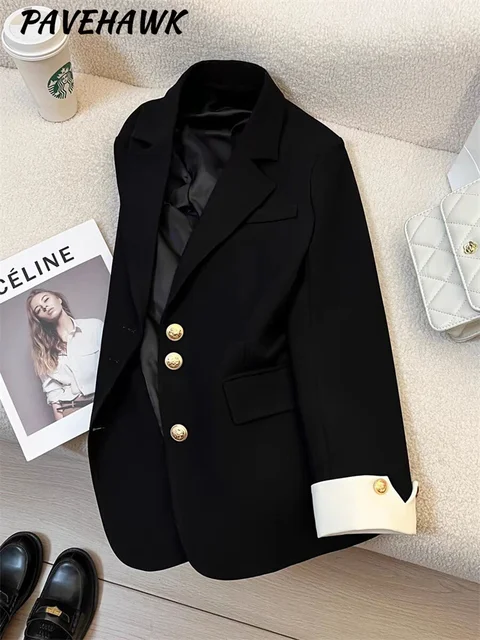 Damska odzież biurowa Casual Blazer Chic Vintage karbowany kołnierzyk odzież wierzchnia z długim rękawem luźna główna ulica kurtki jednorzędowe