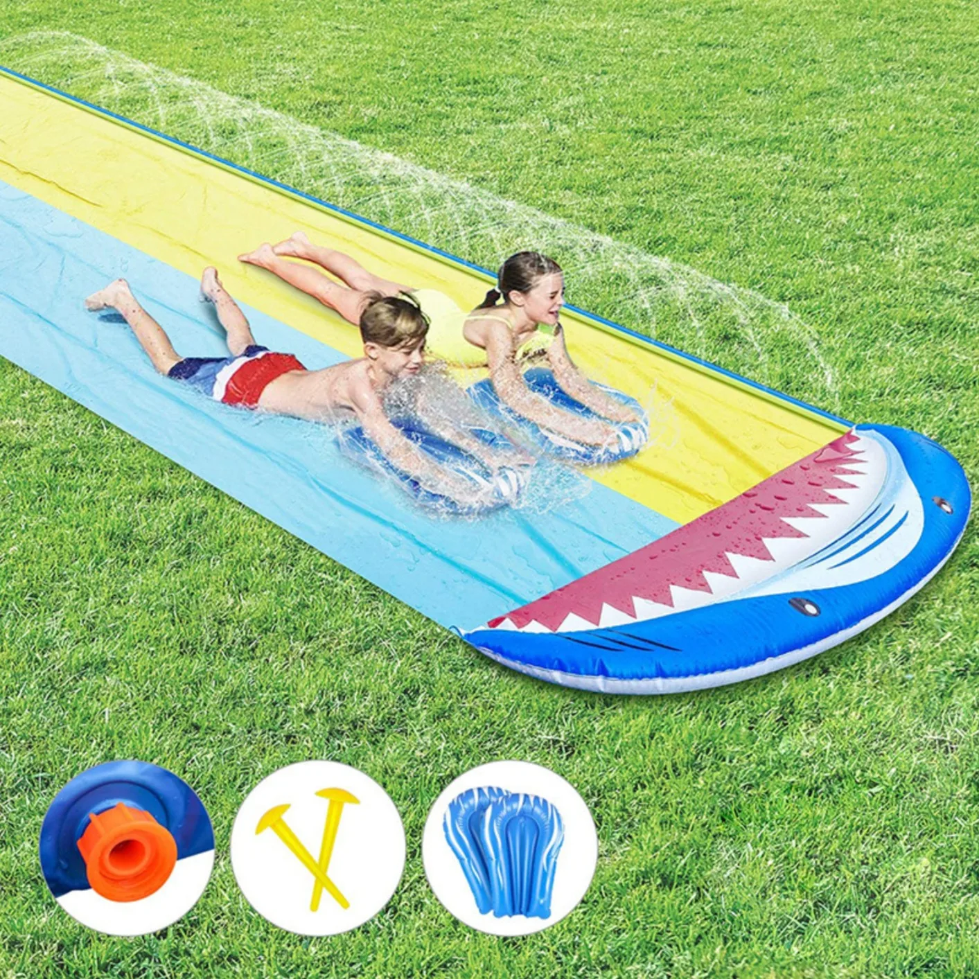 Double Lane Slip Water Slide for Kids with 2 Bodyboards, Summer Lawn Water Slide Toy for Backyard Outdoor Water Play