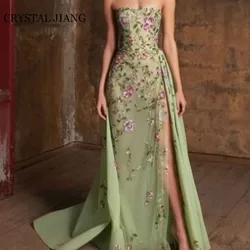 Customized Classy Long Strapless Tulle Evening Dresses Sleeveless Flower Appliques A Line Slit Sweep Train Vestidos Para Mujer