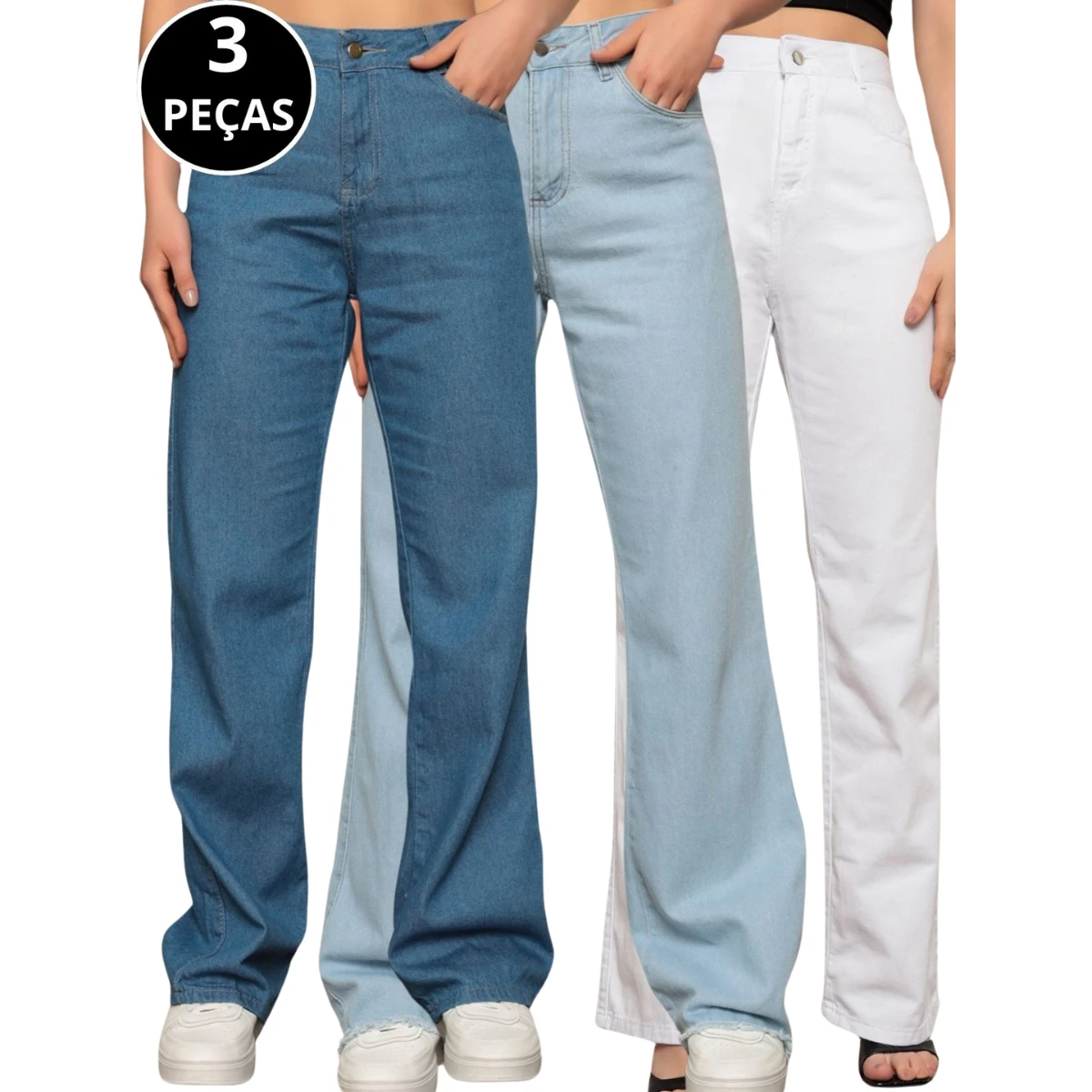 Kit 03 Calças Jeans Wide Leg Pantalona Feminina Cintura Alta