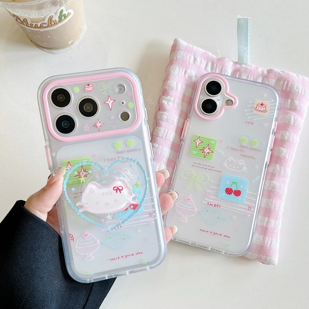 Kawaii Cartoon Dessert Cat Print Phone Case for iPhone 17 Pro 16 Max 15 16 17 Pro Max 15 Pro, Sweet Shockproof Cover with Holder