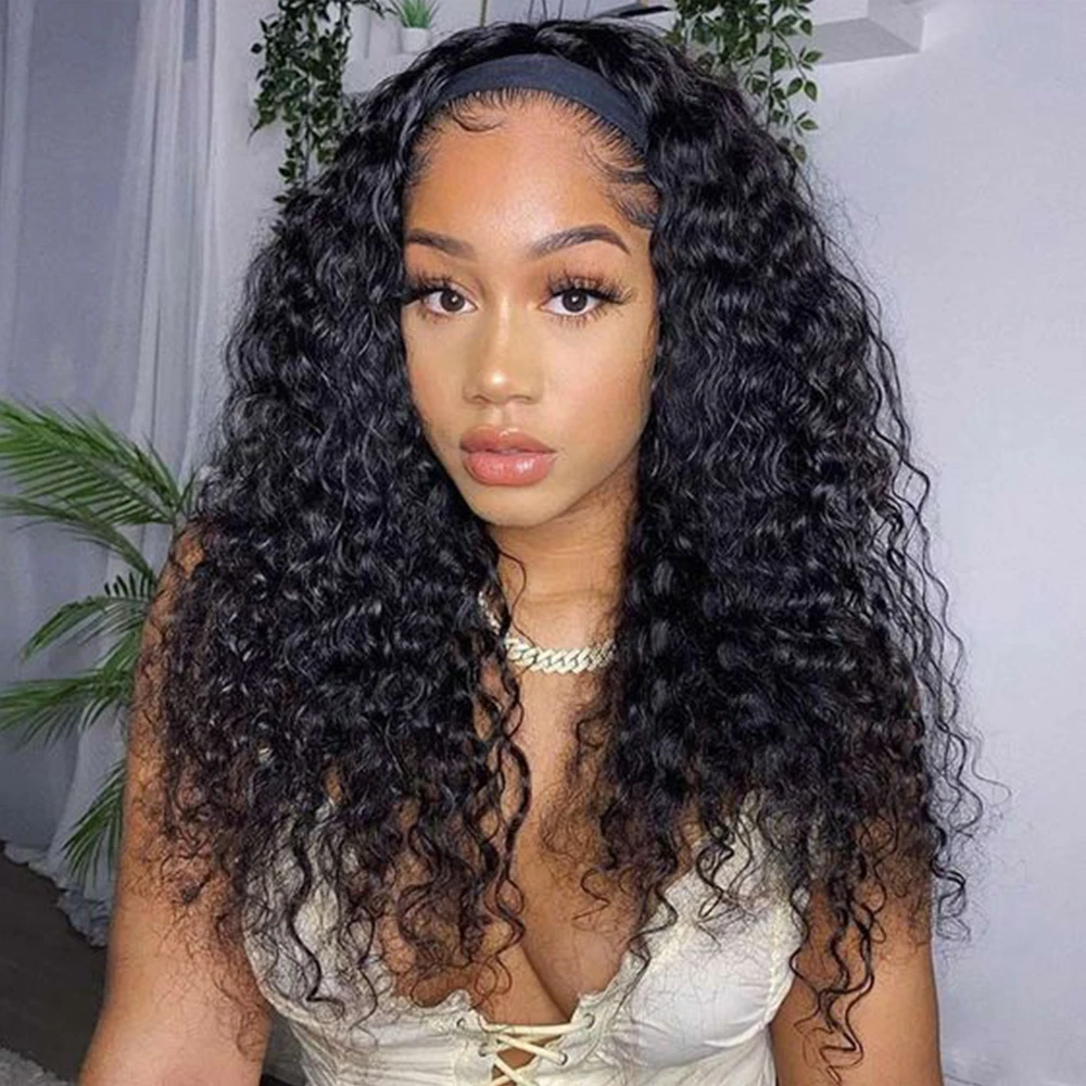 Deep Wave Headband Wig Human Hair Curly Wigs For Women 100% Real Human Hair Wigs 180 Density Full Machine Made Wigs Easy to Wear