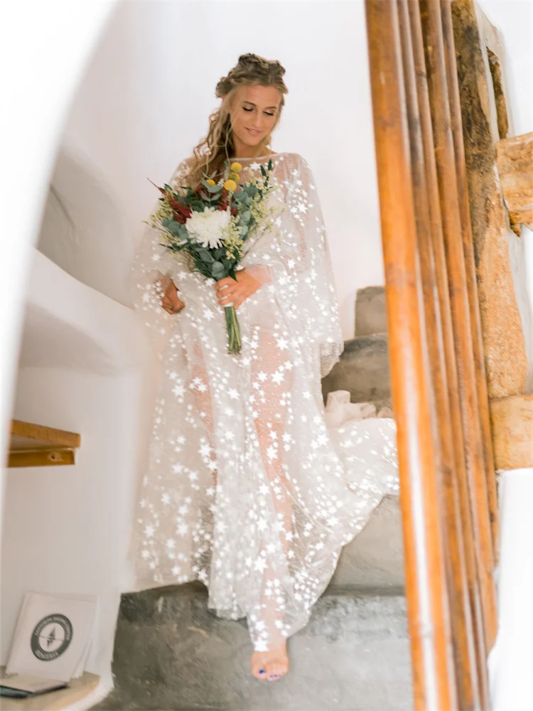 Zweiteilige Anzug Boho Star Spitze Braut Robe für Hochzeit sexy Flare Ärmel Braut dusche Kleid Frauen Nacht Gwon 2024 ودين