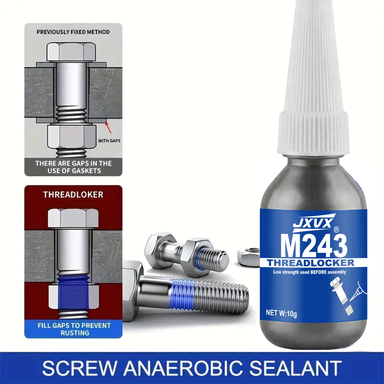 243 screw locking agent, blue screw glue,Medium Strength Anaerobic Adhesive, Quick-drying Threadlocker, anti loosening Suitable on metal bolts, nuts and screws, performance in automotive, machinery, electronics.