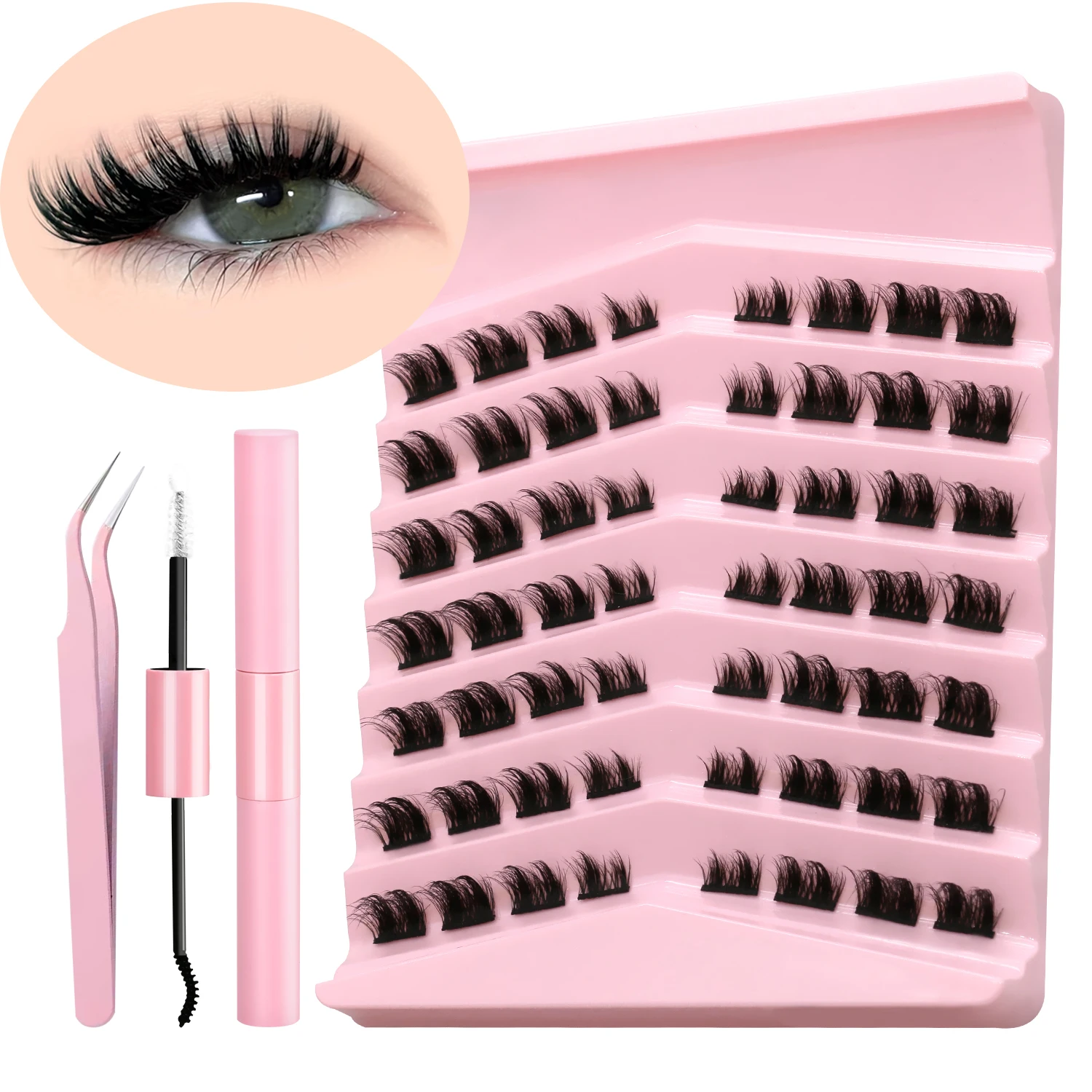 GROINNEYA Cluster-Wimpern-Set, DIY-Wimpernverlängerungsset, gemischtes Tablett, flauschige Wimpern mit Wimpernbindung und versiegelten Wimpern, Make-up zu Hause