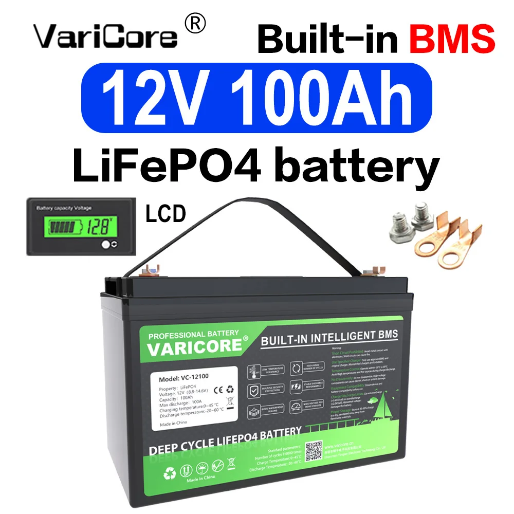 VARICORE 12V 100Ah LiFePO4-batterij, Deep Cycle, ingebouwde BMS en LCD-display, voor zonne-energie, campers, boten, off-grid noodstroomvoorziening - afbeelding 1