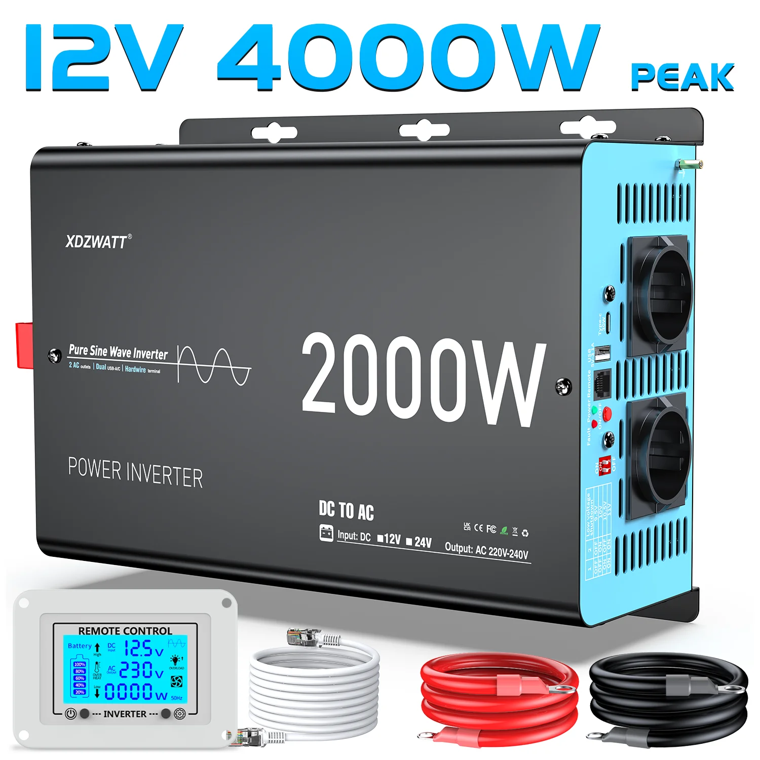 Reiner Sinus-Wechselrichter DC 12V AC 230V 2000W Nennleistung 4000W Spitzenleistung LCD-Display Fernbedienung USB Typ-C für Wohnmobil Auto Camping Outdoor