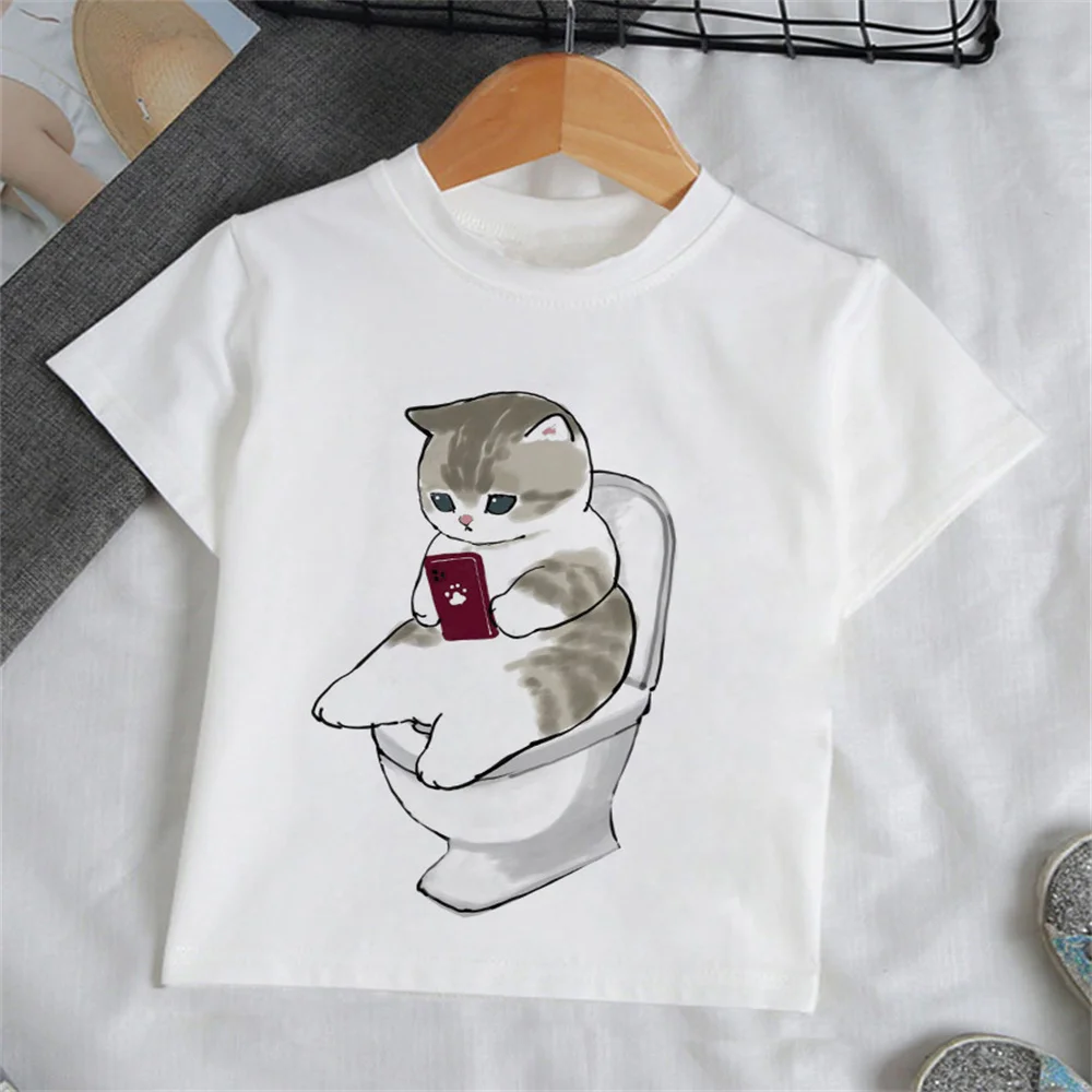 Camiseta de gato de dibujos animados para niñas, ropa de moda para niños de 3 a 12 años al aire libre, camiseta para adolescentes, Ropa para Niñas