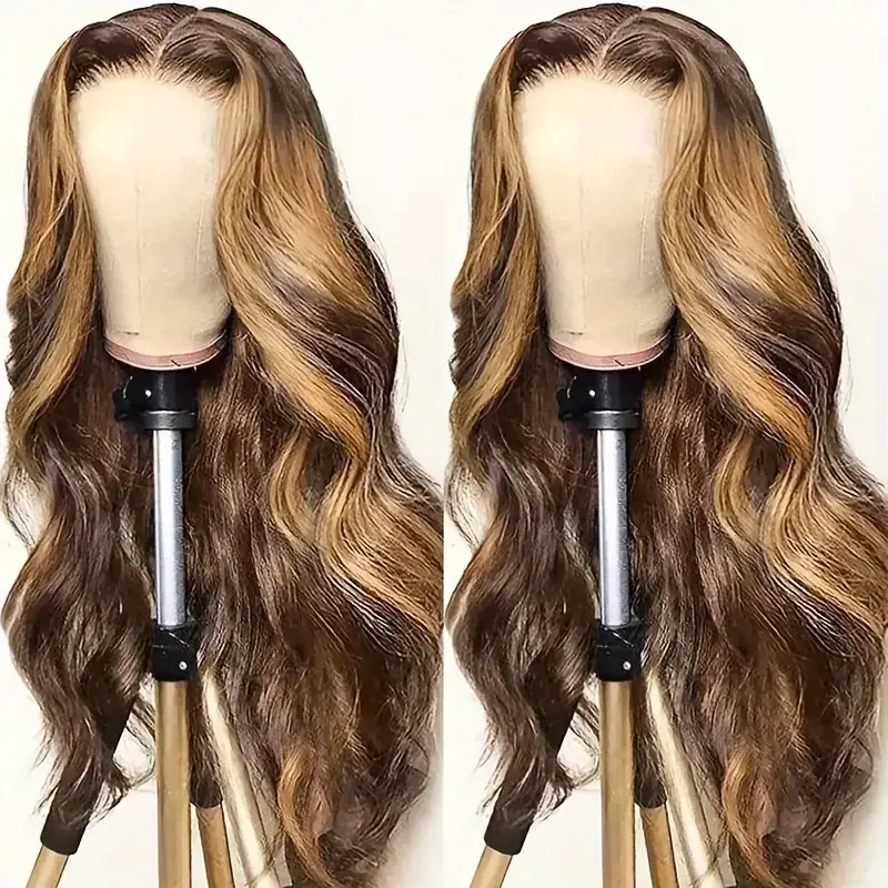 Body Wave Lace Front Human Hair Wig Ombre Brown Highlight Honey Blonde Color 4/27 Wig 5x5 Transparent Closure 180 Density Wigs