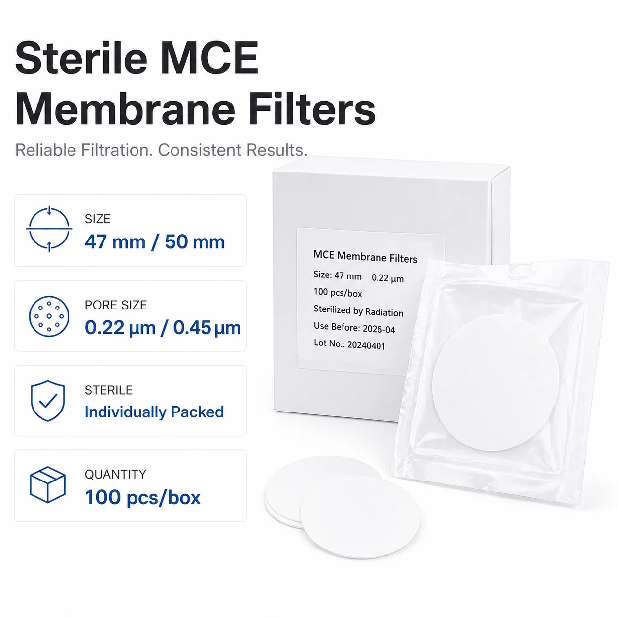 

Sterile MCE Membrane Filter 47mm 50mm 0.22um 0.45um Individually Packed 100pcs Box for Laboratory Testing SELON Lab