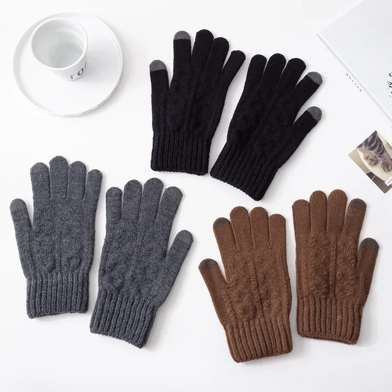 AliExpress Winter Men Knitted Gloves Thicken Keep Warm Solid Grey Black High Quality Business Driving Cycling Full Finger Male Gloves