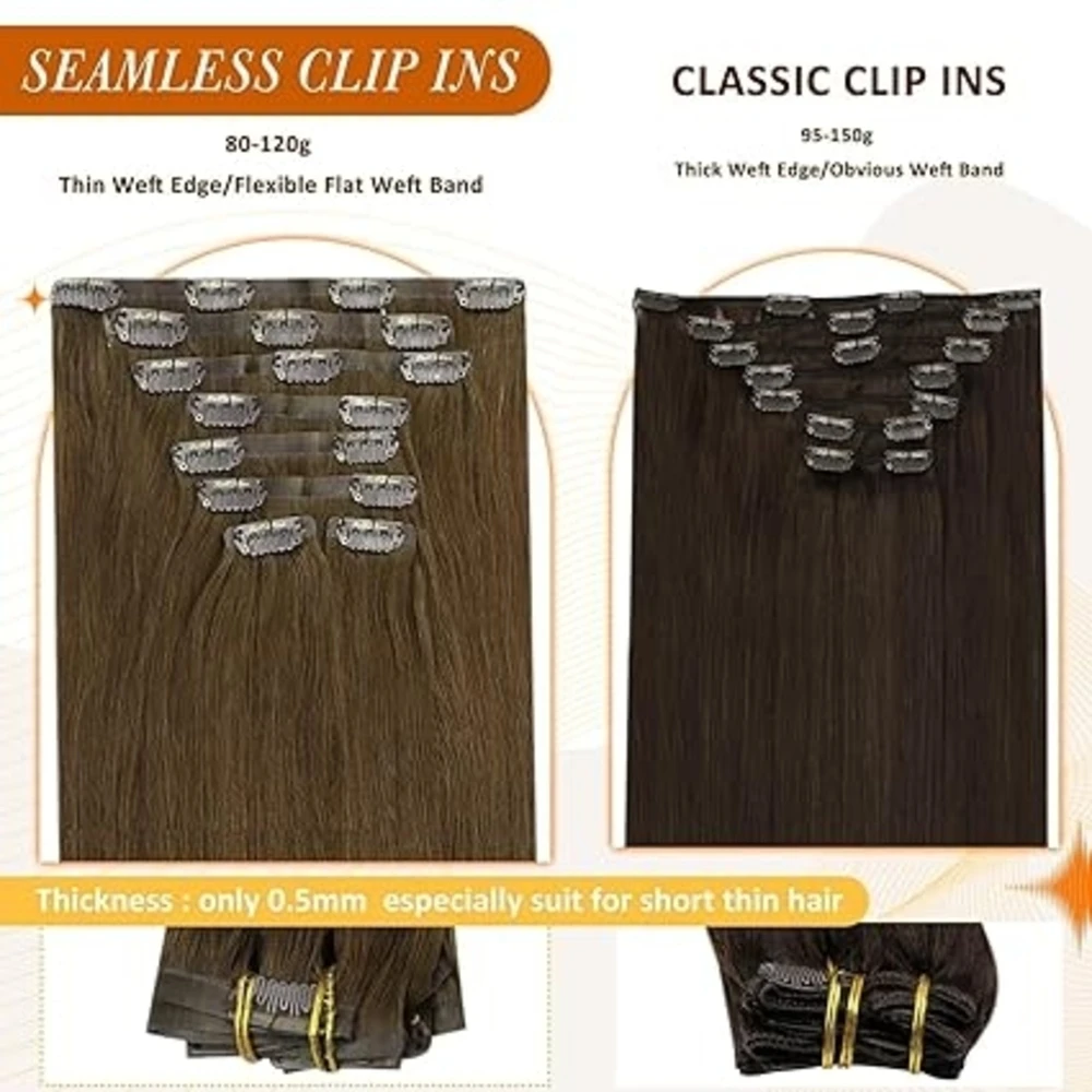 Full Shine Clip in Hair Extensions Human Hair Seamless Remy Hair 120g PU Invisible Clip In Human Hair Extensions  Balayage Color
