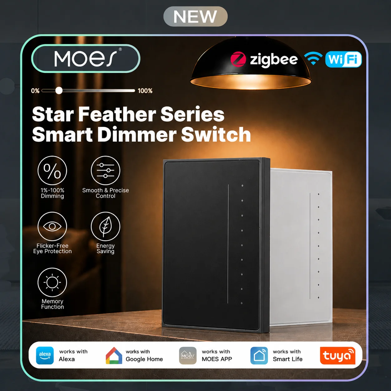 MOES Tuya WiFi/Zigbee Star Feather Series Smart Dimmer Light Switch Adjust Brightness APP Remote Control Voice, Alexa GoogleHome