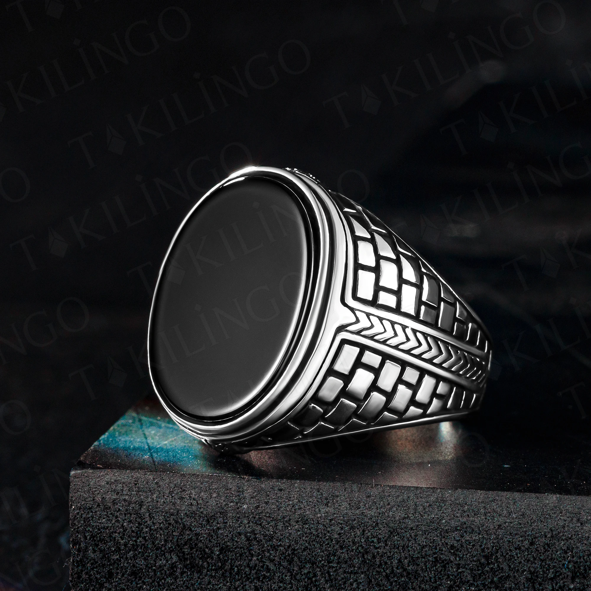 

Oval Black Hematite Stone Real 925 Sterling Silver Walk Motif Ring For Men Luxury Jewelry Souvenir Turkish Handmade Gift Him