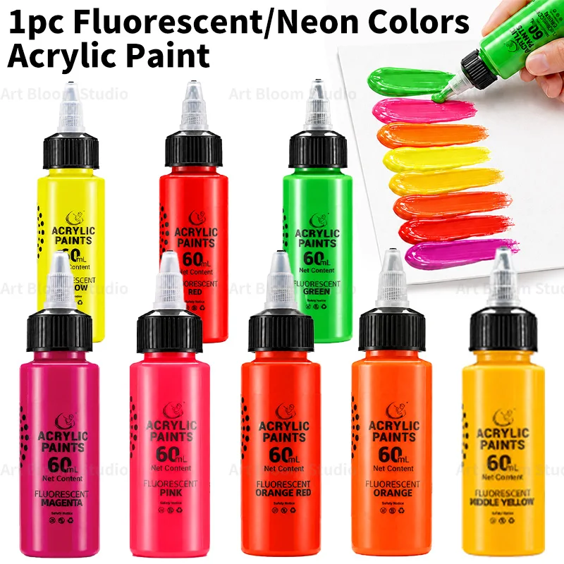 Peinture acrylique néon, 8 couleurs fluorescentes, pigments de peinture, 60ml/2oz, pour adultes, pour bricolage, bois, roches, verre, tissu, 1 pièce