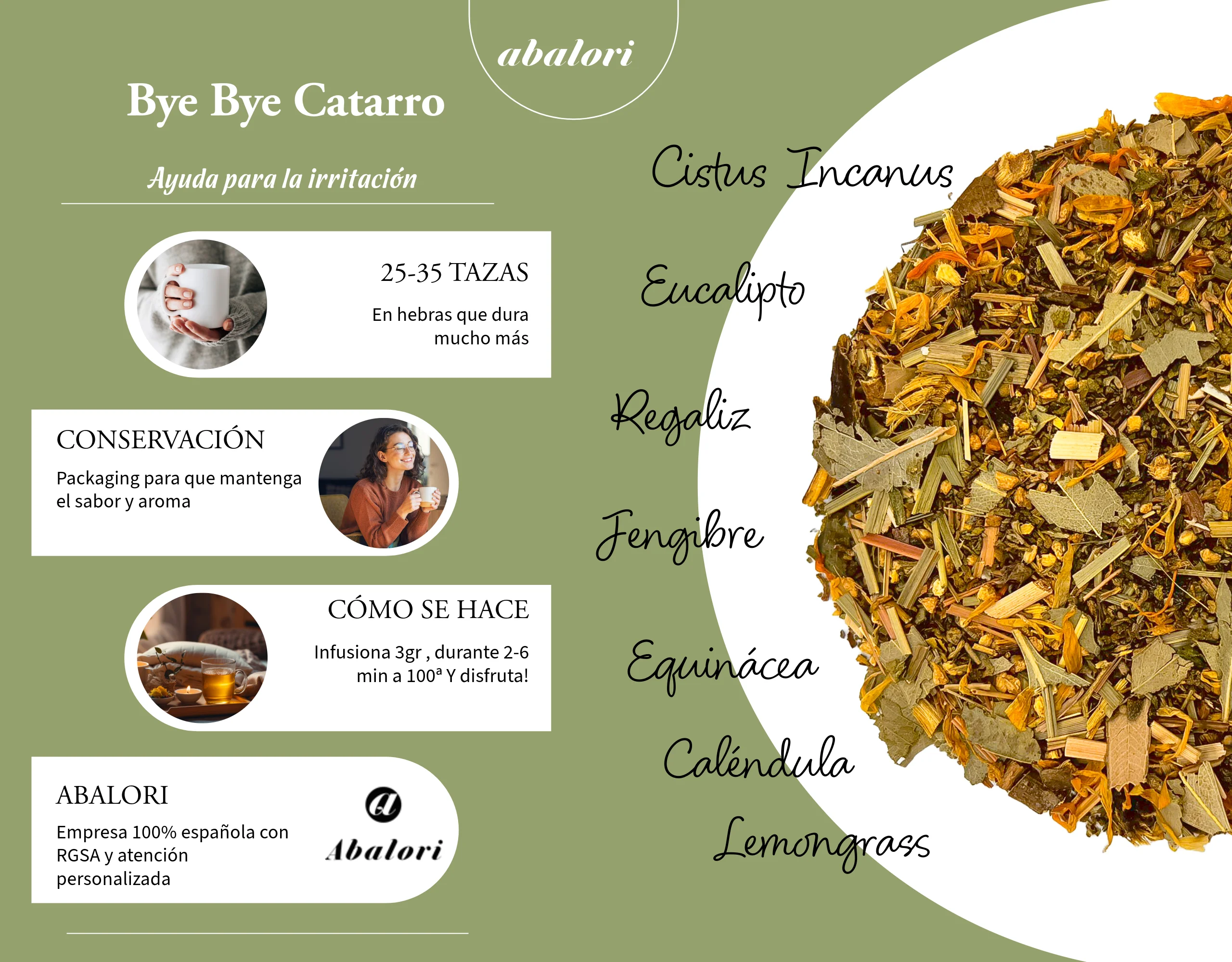 Mezcla de Hierbas Bye Bye Catarro | Ayuda a Mejorar la garganta | Regaliz, jengibre, lemongras, eucalipto, cistus incanus, caléndula, equinácea,