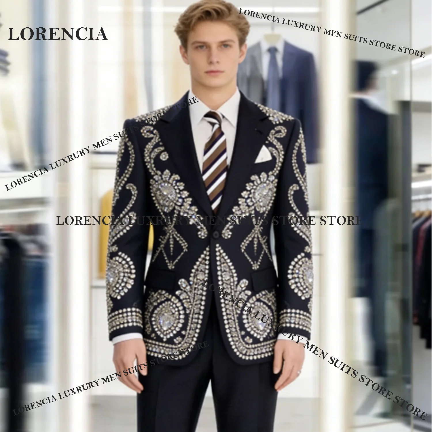 Fashion Crystal Sequin Men suit For Wedding Groom Gem Rhinestone Male Prom Party Customized Blazer 2 Pieces Sets Tuxedos Slim