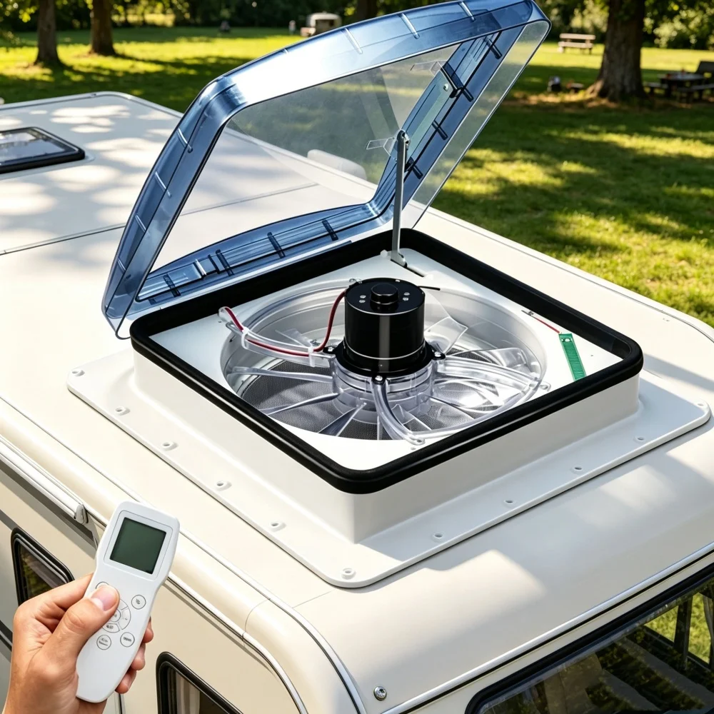 Image of 40*40cm 10-Gang-Camper-Wohnmobilventilator mit Regensensor und Fernbedienung, Wohnwagen-Dachfensterlüftung für Wohnmobile, 12V Fahrzeug-Elektro-Wohnmobilventilator