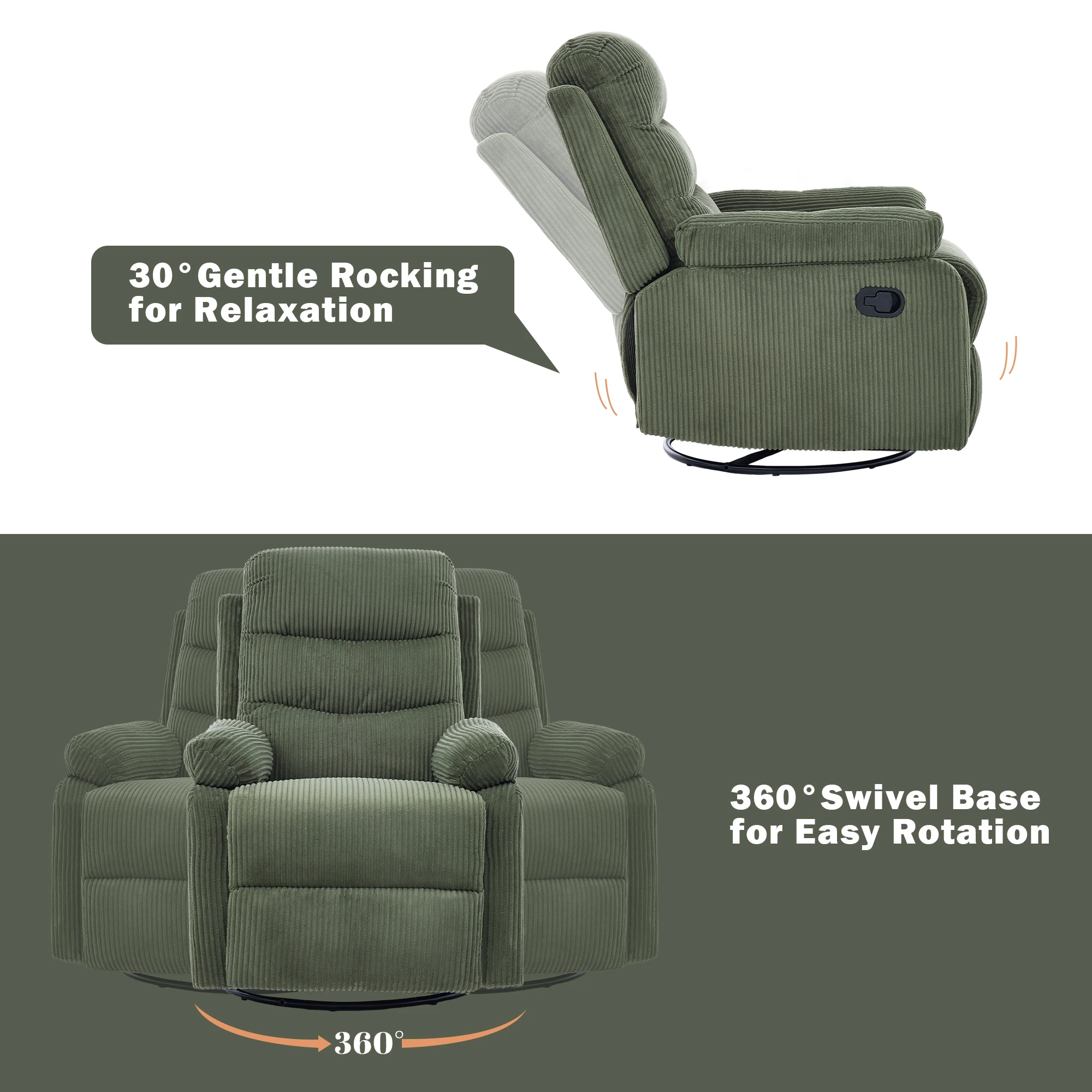 360° Swivel & 30° Rocking Corduroy Recliner Chair, Manual Pull Reclining Single Sofa Chair for Small Space Nursery Room
