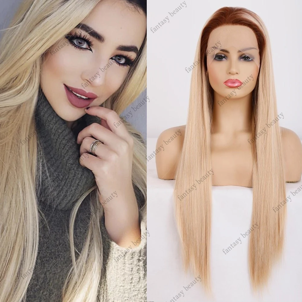 

Long Ombre Blonde Lace Front Wigs 13x4 Transparent Silky Straight Hair Synthetic Lace Wig Brown Roots for Women High Temperature