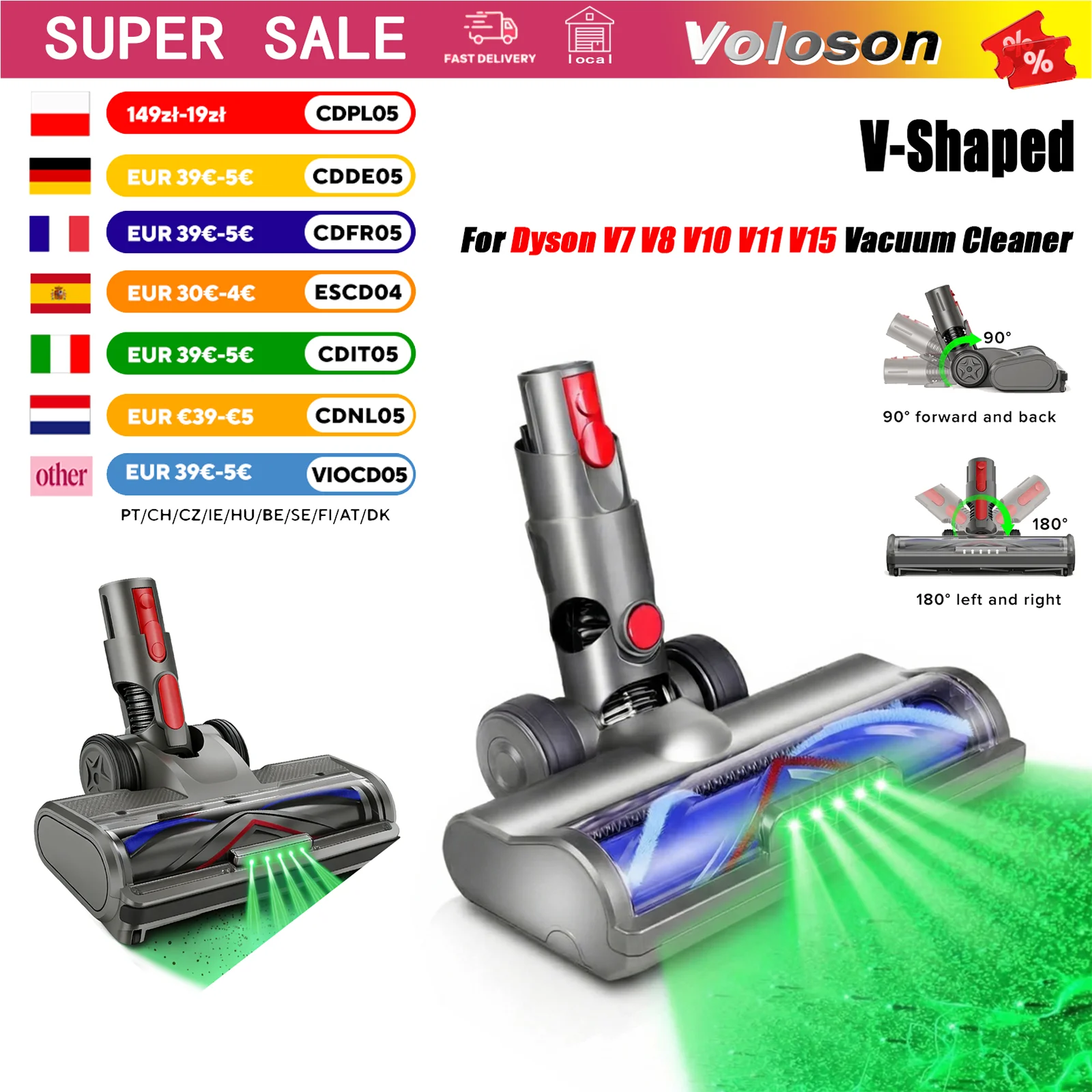 Brosse rotative en V avec éclairage LED, tête de sol à poils doubles pour aspirateur Dyson V7 V8 V10 V11 V15 Slim, démontable lavable anti-enchevêtrement, adaptée parquet marbre carrelage et tapis fin