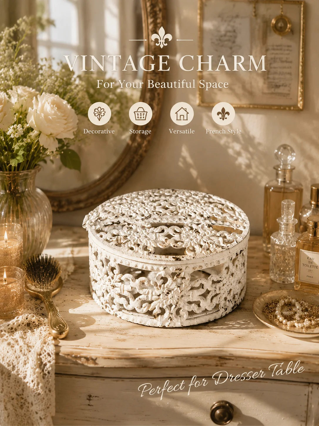 2 Pieces Vintage White Metal Jewelry Box, French Shabby Chic Filigree Storage Organizer, Round Antique Keepsake Box for Decor