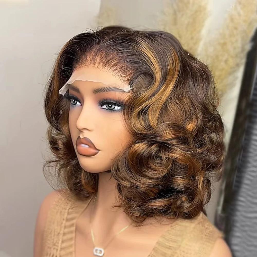 Honey Blonde Bob Wig 100% Human Hair 16 Inch 13x4 Body Wave P4/27 Highlight Ombre Lace Front Wigs Human Hair Pre Plucked Lace Frontal Bob Wigs for Women