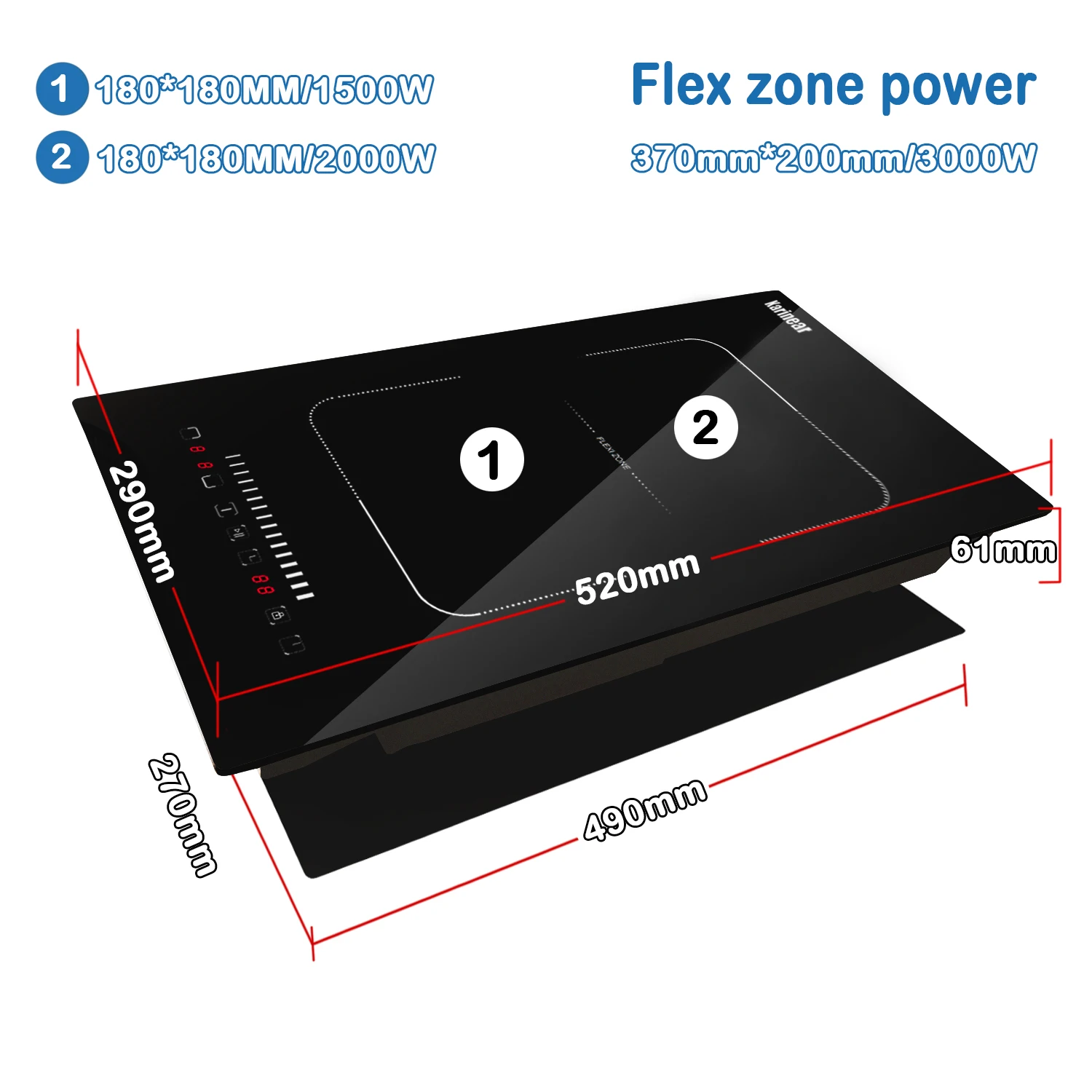 Karinear Induction Cooktop 2 Burners, 3500W, 12'' Built-in Induction Stovetop with combined Zone, Safety Lock, Timer, Pause