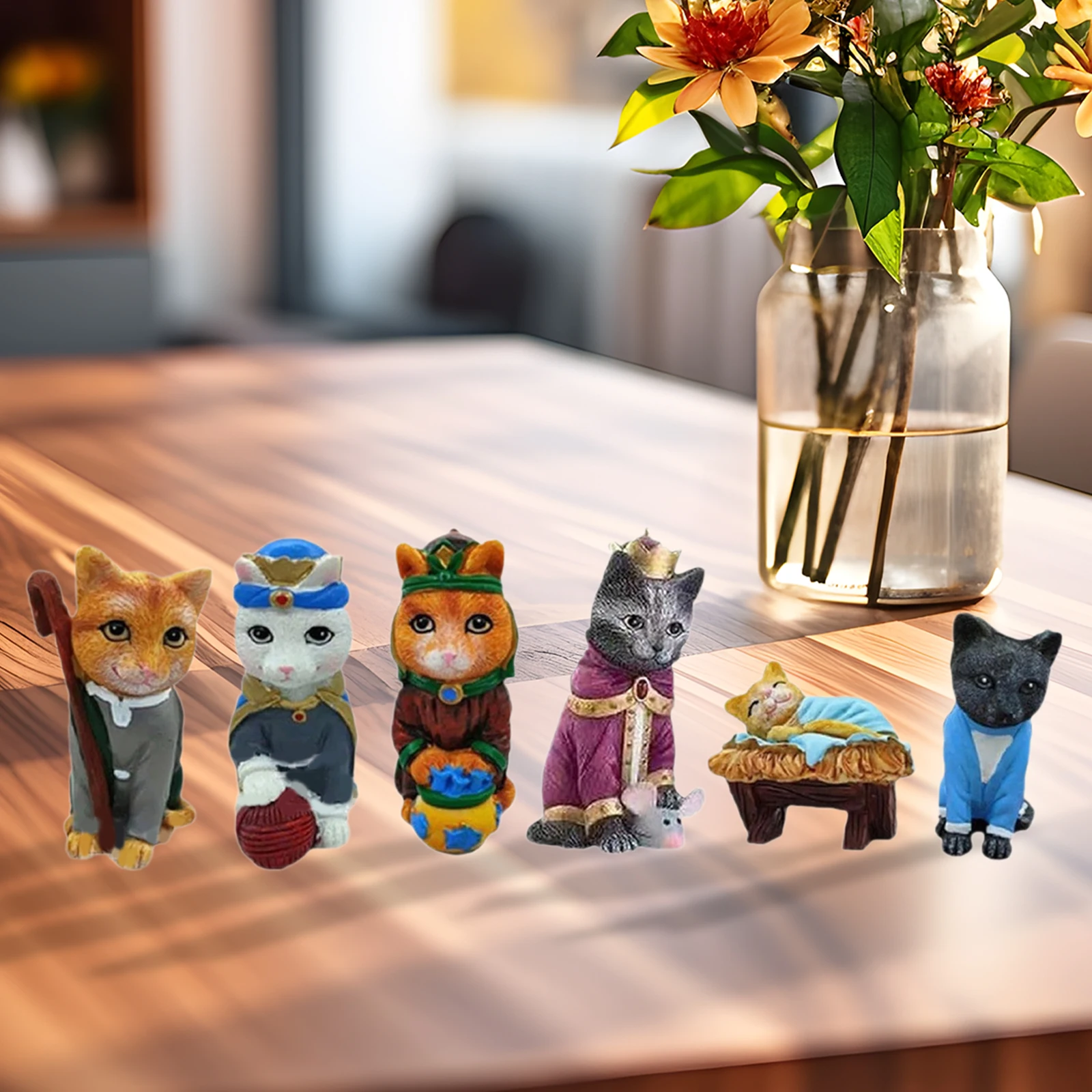 6 Pieces Cat Figurines Resin Craft Tabletop Desktop Ornament Animal Sculptures for Lounging Room Shelf Fireplace Cabinet Bedroom