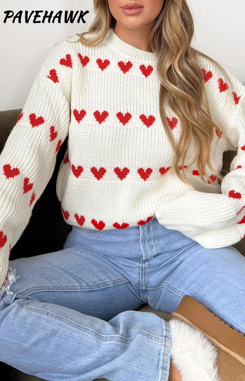 Women O Neck Heart Print Sweaters Loose Long Sleeve Patchwork Knitted Sweater Sweet Autumn Winter Pullover Knitwear Streetwear