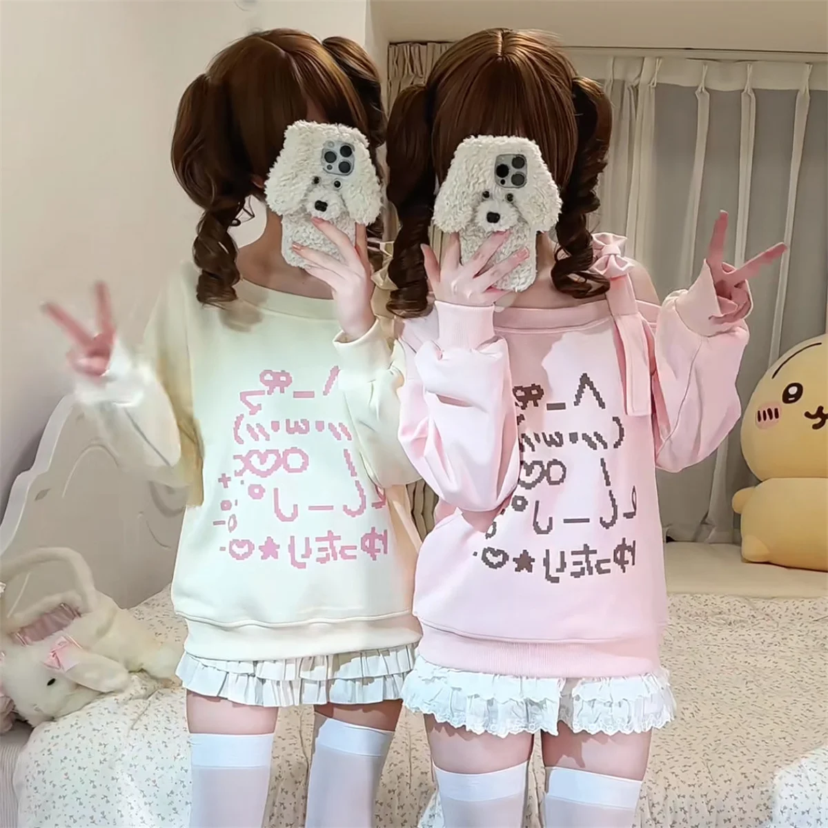 اليابانية هوديي 2025 الملابس النسائية القوس الكرتون كم طويل Camisetas قبالة الكتف فضفاض تيز موضة عادية أنيمي Y2k القمم #5