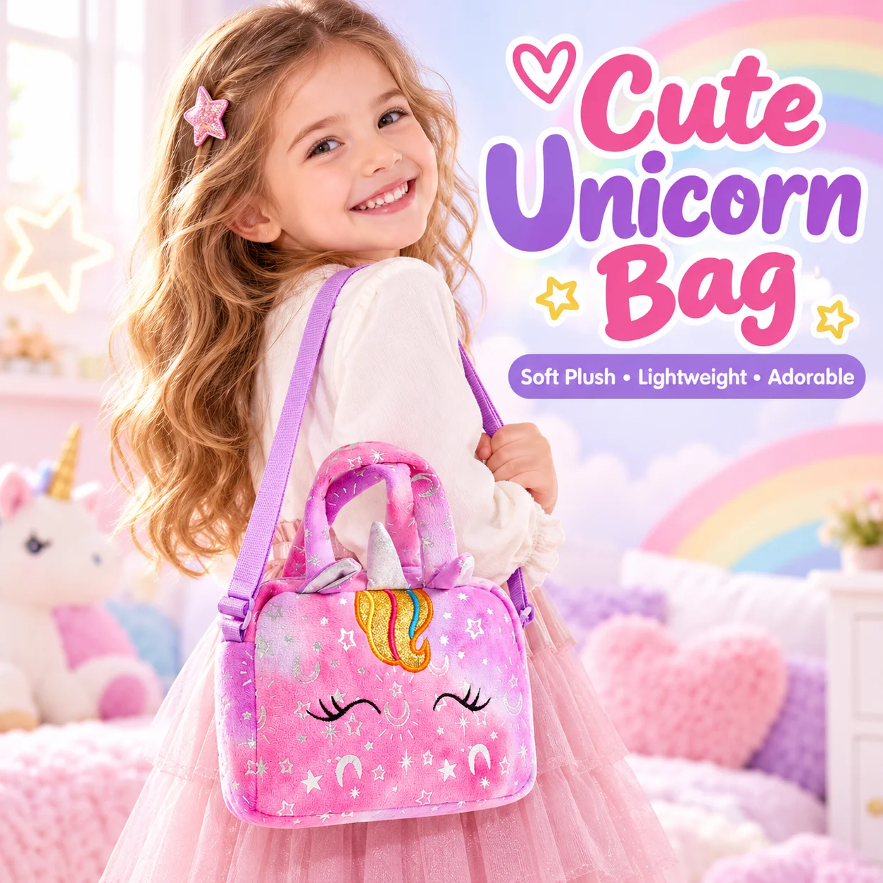1PC Cute Unicorn Bag for Girls Plush Shoulder Bag Crossbody Handbag Soft Kids Purse with Adjustable Strap Gift