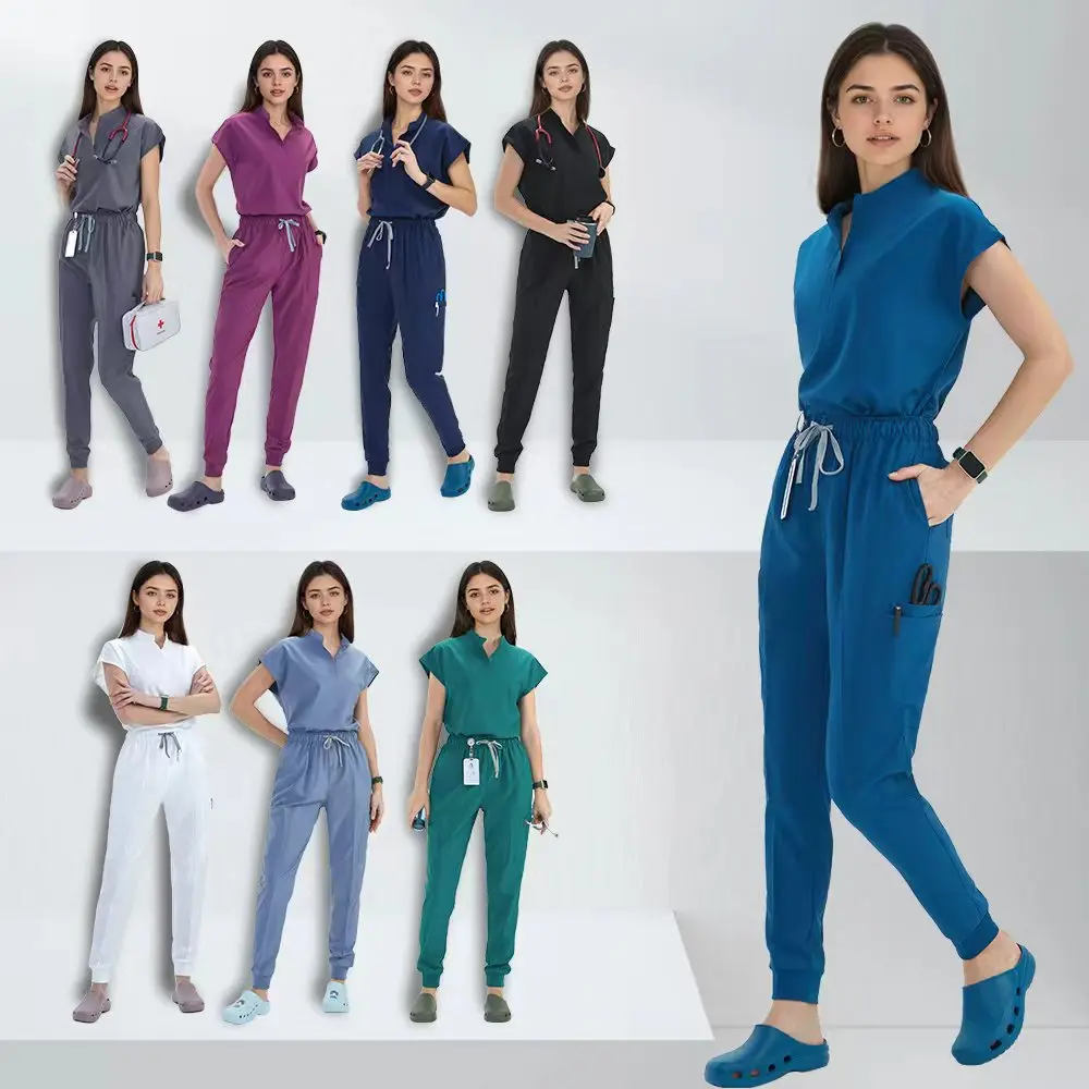 

10-Pockets Nurse Surgical Scrub Uniforms Stretch Jogger Pant Tunic Top Hospital Clinic Scrub Sets Beauty salon Workwear S180-02