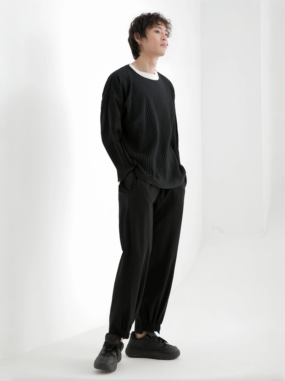 Miyake Shirt Long Sleeve T Shirt Casual Loose T-shirts Round Collar Men's Top Miyake Pleated