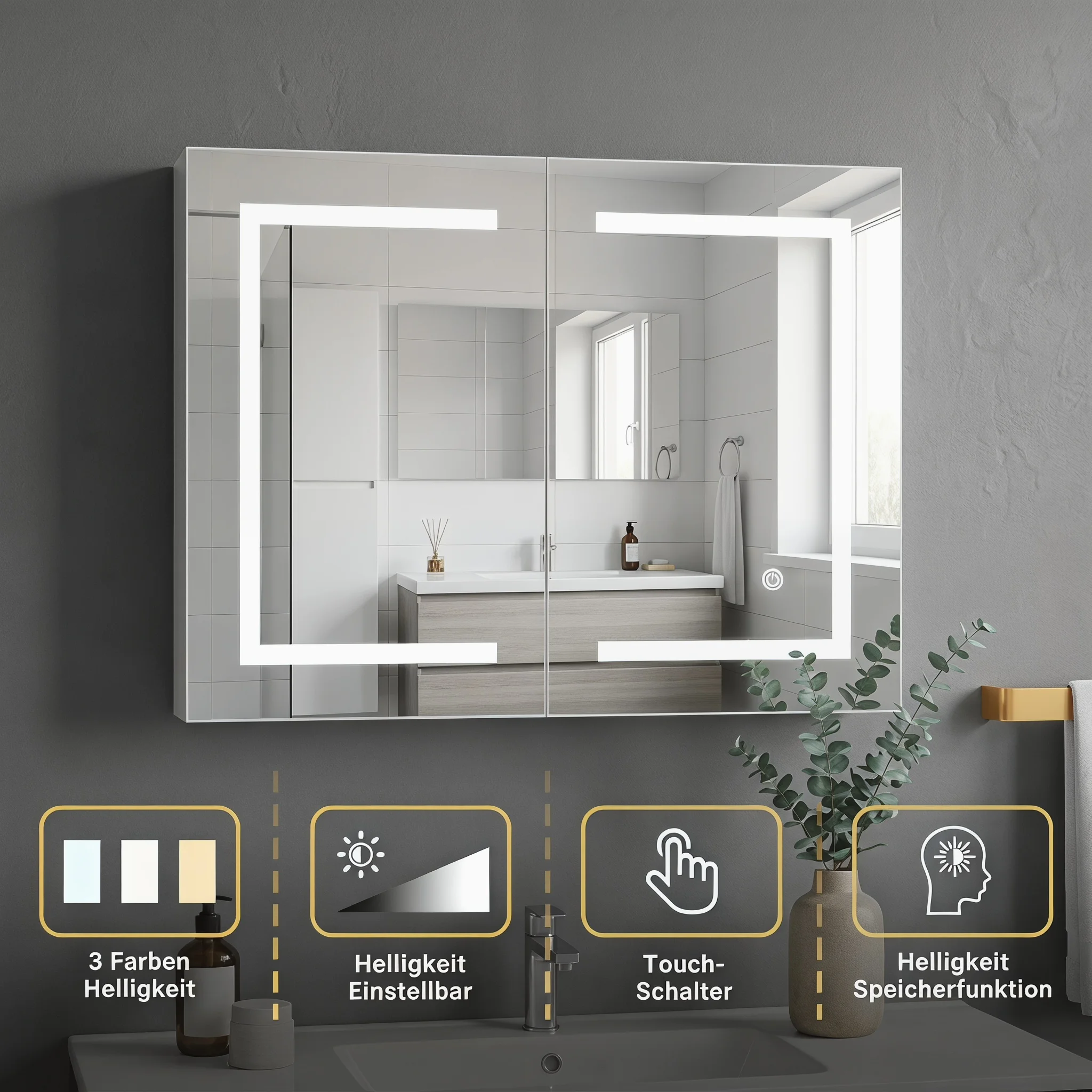 Anajqaqia 80x60x13,5cm Badezimmer-Wandschrank mit Spiegel, 2 Türen, 3000K-6500k LED-Beleuchtung, Speicherfunktion, Touch-Sensor-Schalter, Spiegelschrank für Badezimmer